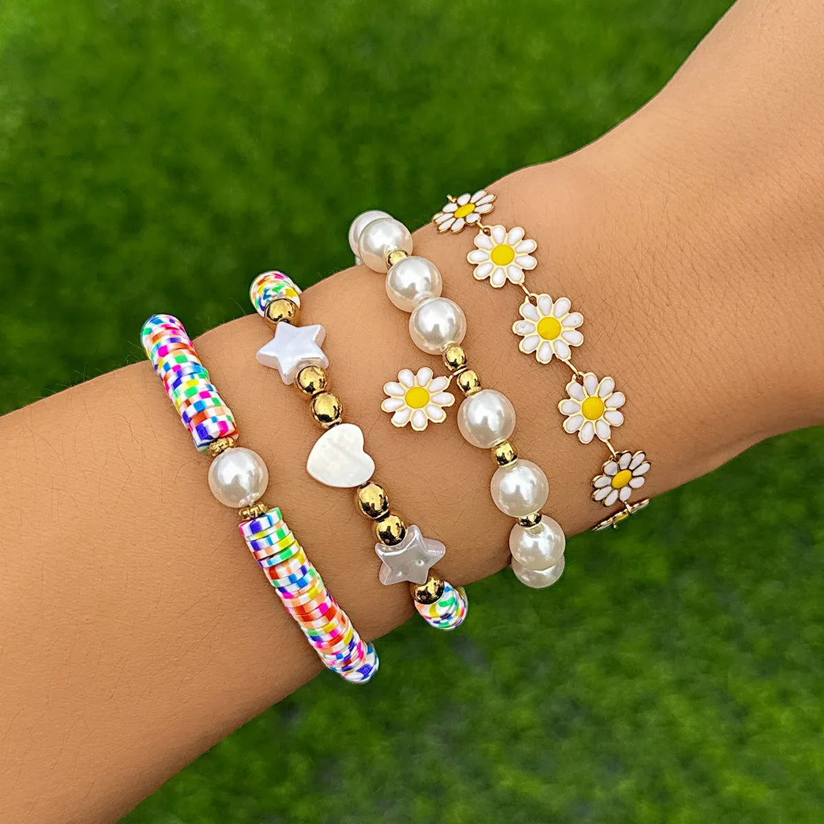 stretchable bangles for women-Vacation Beach Pastoral Star Heart Shape Flower Imitation Pearl Alloy Soft Clay Beaded Plating Women's Bracelets