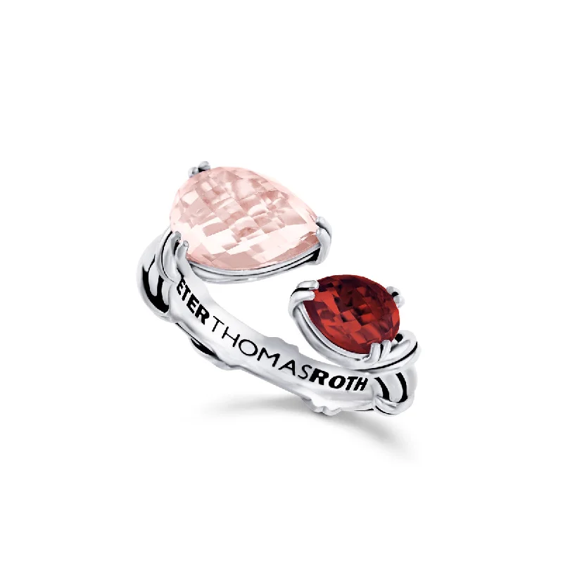 personalized rings for women-Fantasies Pear Bypass Ring in sterling silver with rose quartz and garnet