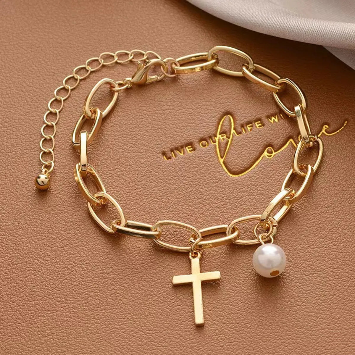 simple bangles for women-Creative Hip-Hop Heart Pearl Cross Gold Coin Portrait Pendant Bracelet