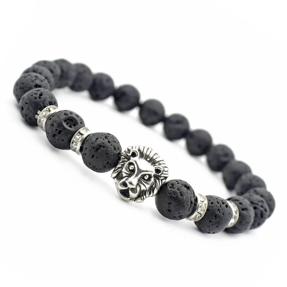 matching bangles for women-Retro Lion Alloy Volcanic Rock Stone Beaded Unisex Bracelets