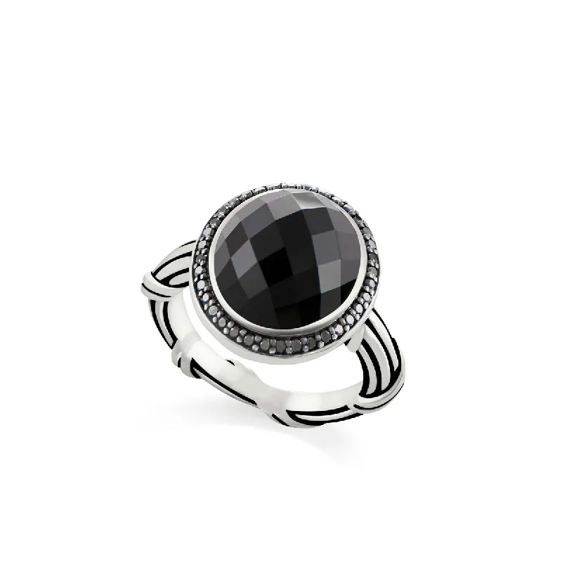 diamond rings for women-Galaxy Black Onyx Halo Ring in sterling silver with black spinel