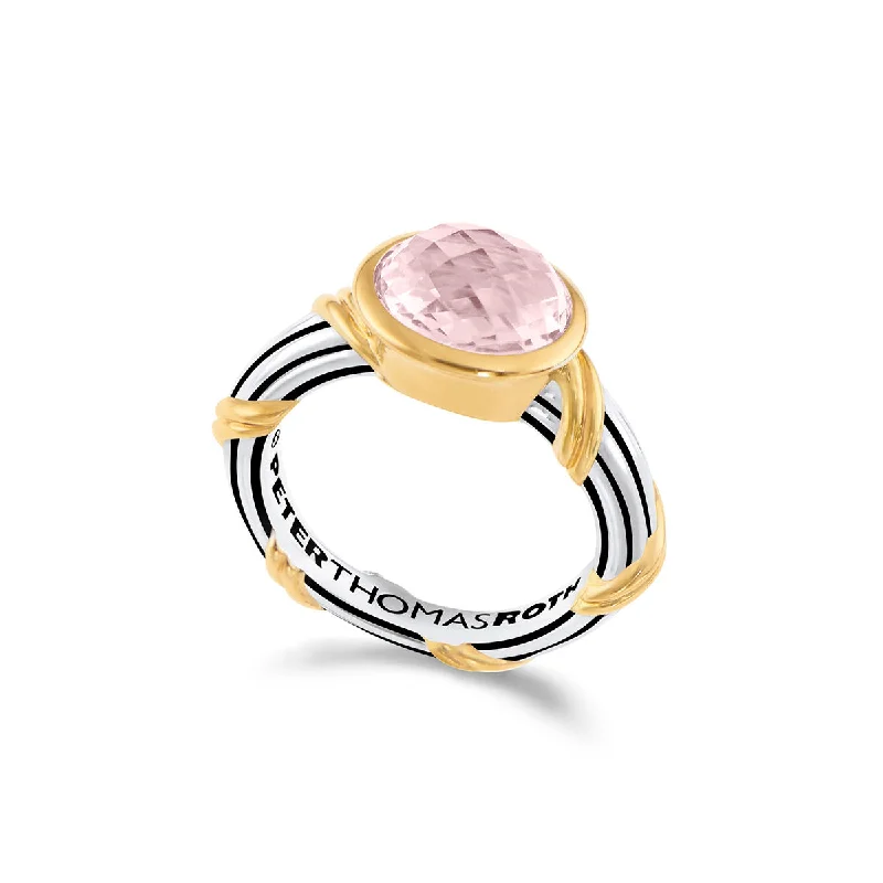 gemstone rings for women-Fantasies Rose Quartz Oval Bezel Set Ring in two tone sterling silver