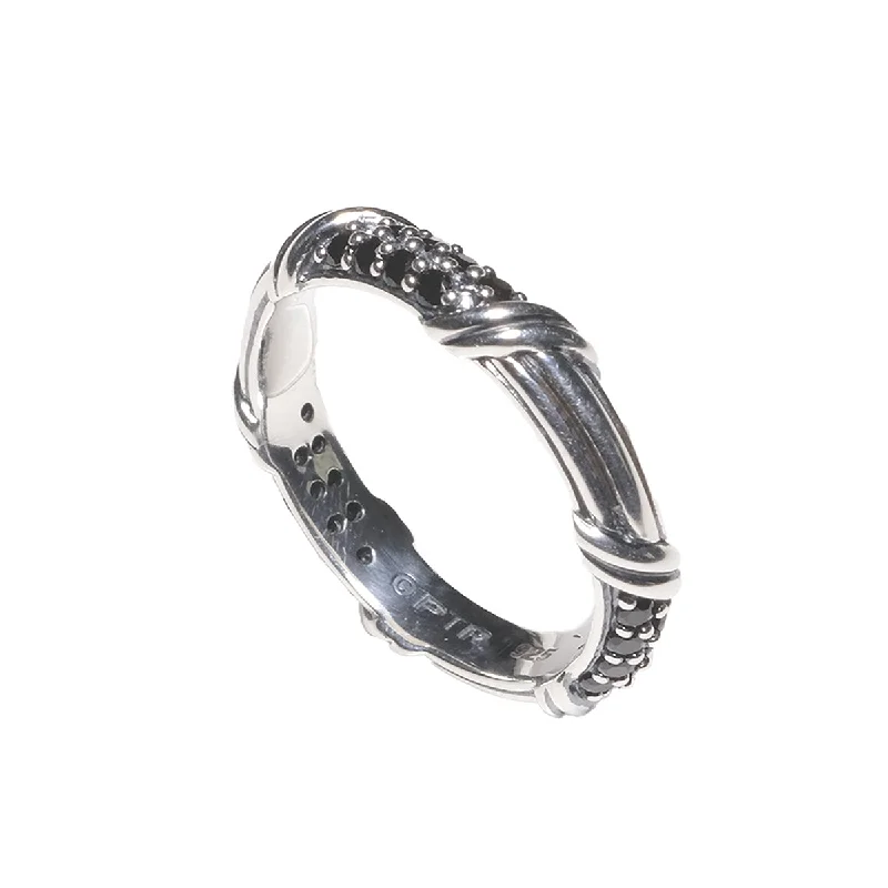 circular rings for women-Signature Classic Pave Band Ring with black spinel in sterling silver 3mm