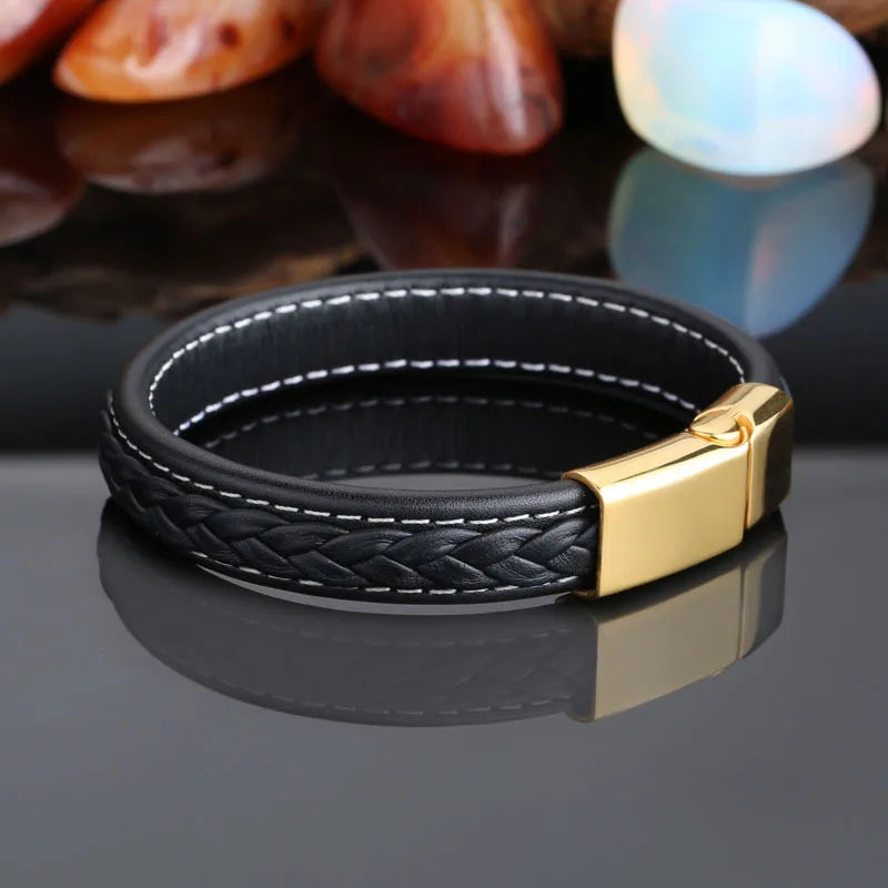 bangles for casual wear-Hip-Hop Retro Color Block Pu Leather Titanium Steel Braid 18K Gold Plated Men'S Bangle