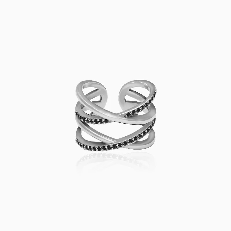 stacked rings for women-Silver Weave Black Zircon Ring