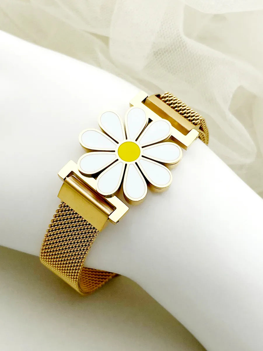 matching bangles for women-Lady Korean Style Flower Stainless Steel Enamel Plating 14k Gold Plated Bracelets