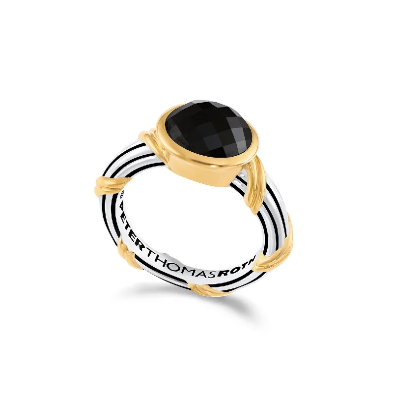 chunky rings for women-Fantasies Black Onyx Oval Bezel Set Ring in two tone sterling silver