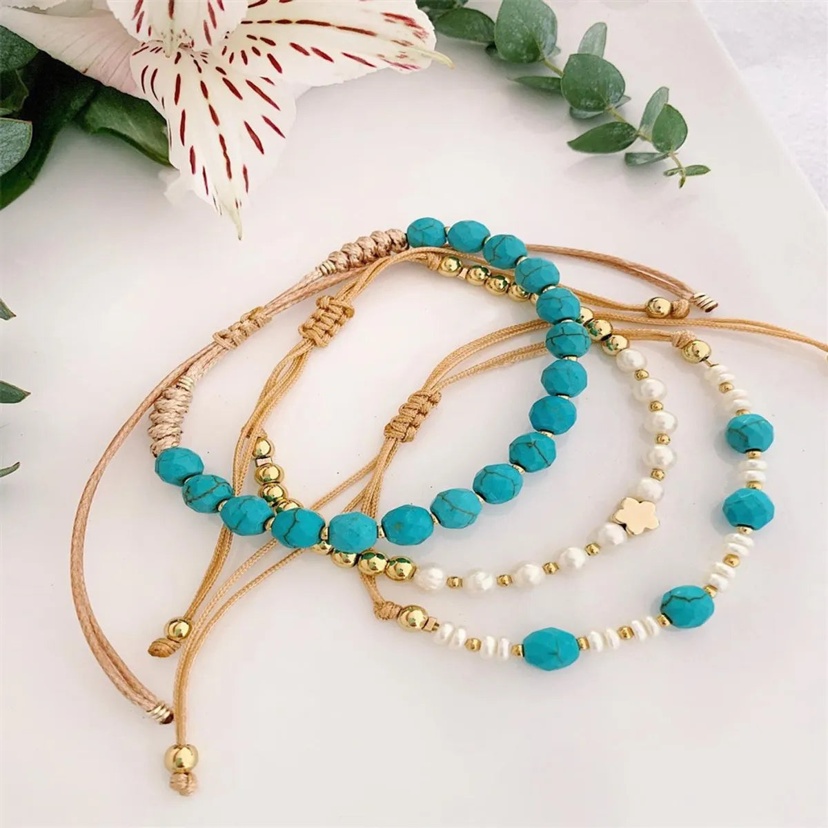 braided bracelets for women-Vacation Color Block Pearl Copper Irregular Beaded Knitting Bracelets 1 Piece