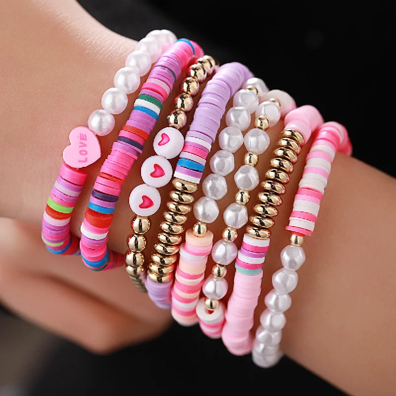 diamond-studded bracelets for women-Sweet Letter Heart Shape Artificial Pearl Soft Clay Beaded Women's Bracelets