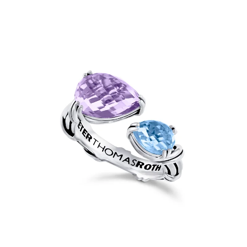 statement rings for women-Fantasies Pear Bypass Ring in sterling silver with amethyst and blue topaz