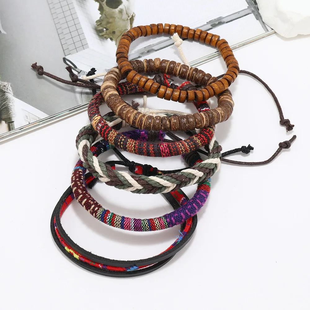 bohemian bracelets for women-Hip-Hop Retro Color Block Pu Leather Cloth Wood Beaded Men'S Bangle