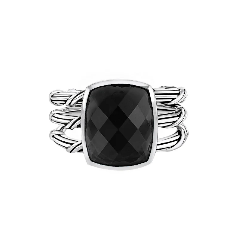 trendy rings for women-Fantasies Black Onyx 3 Row Cocktail Ring in sterling silver