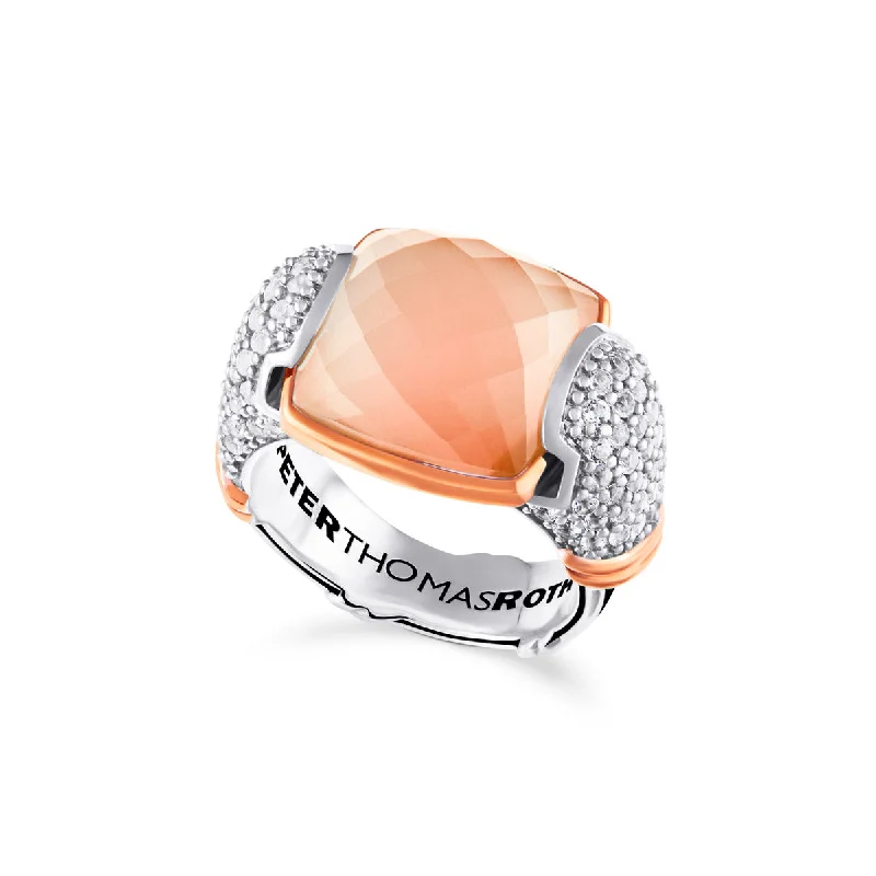 delicate rings for women-Fantasies Peach Moonstone Pave Statement Ring in two tone sterling silver with white topaz