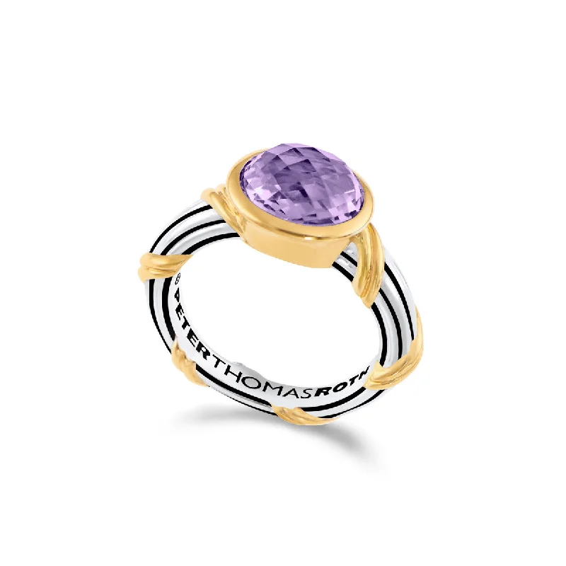 adjustable rings for women-Fantasies Amethyst Oval Bezel Set Ring in two tone sterling silver