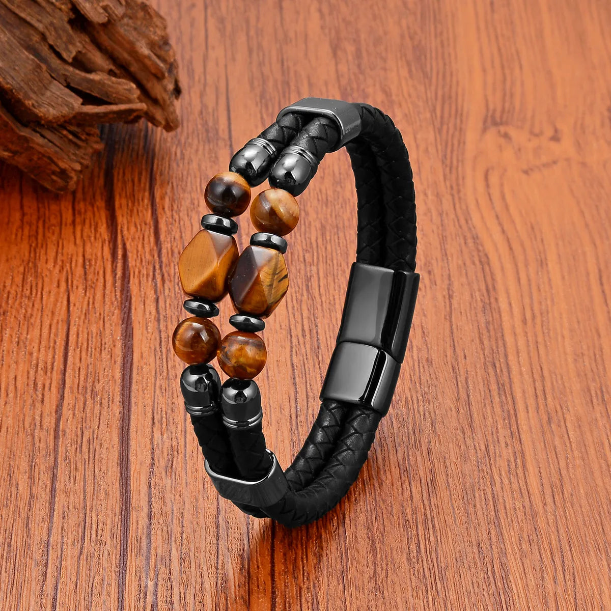 thick bracelets for women-Retro Classic Style Geometric Leather Rope Tiger Eye Metal Men'S Bracelets