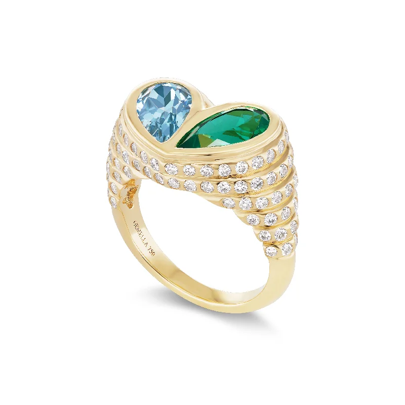 floral rings for women-Pave Jumbo Sweetheart Ring Blue Topaz & Emerald