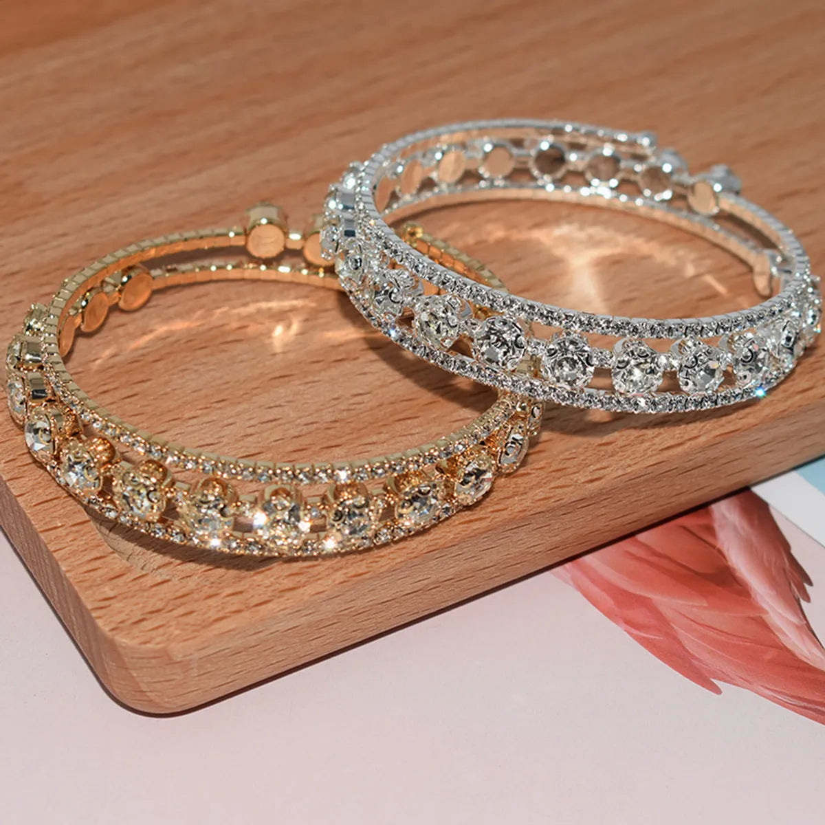 bold bangles for women-Luxurious Geometric Rhinestone Women's Bangle