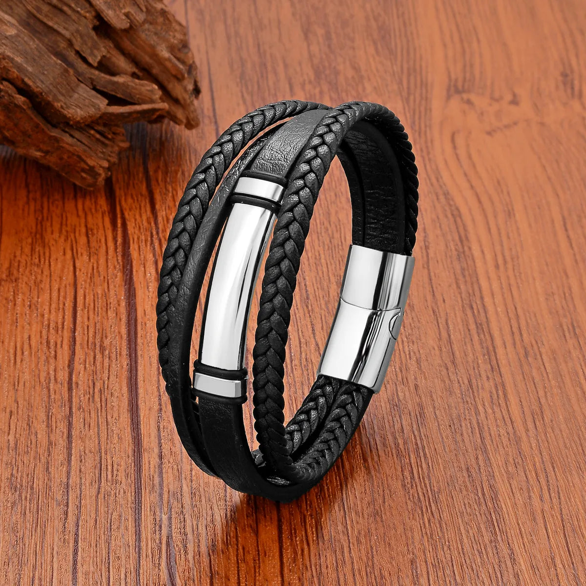 unique bangles for women-Punk Classic Style Solid Color Leather Rope Metal Layered Women'S Men'S Bracelets