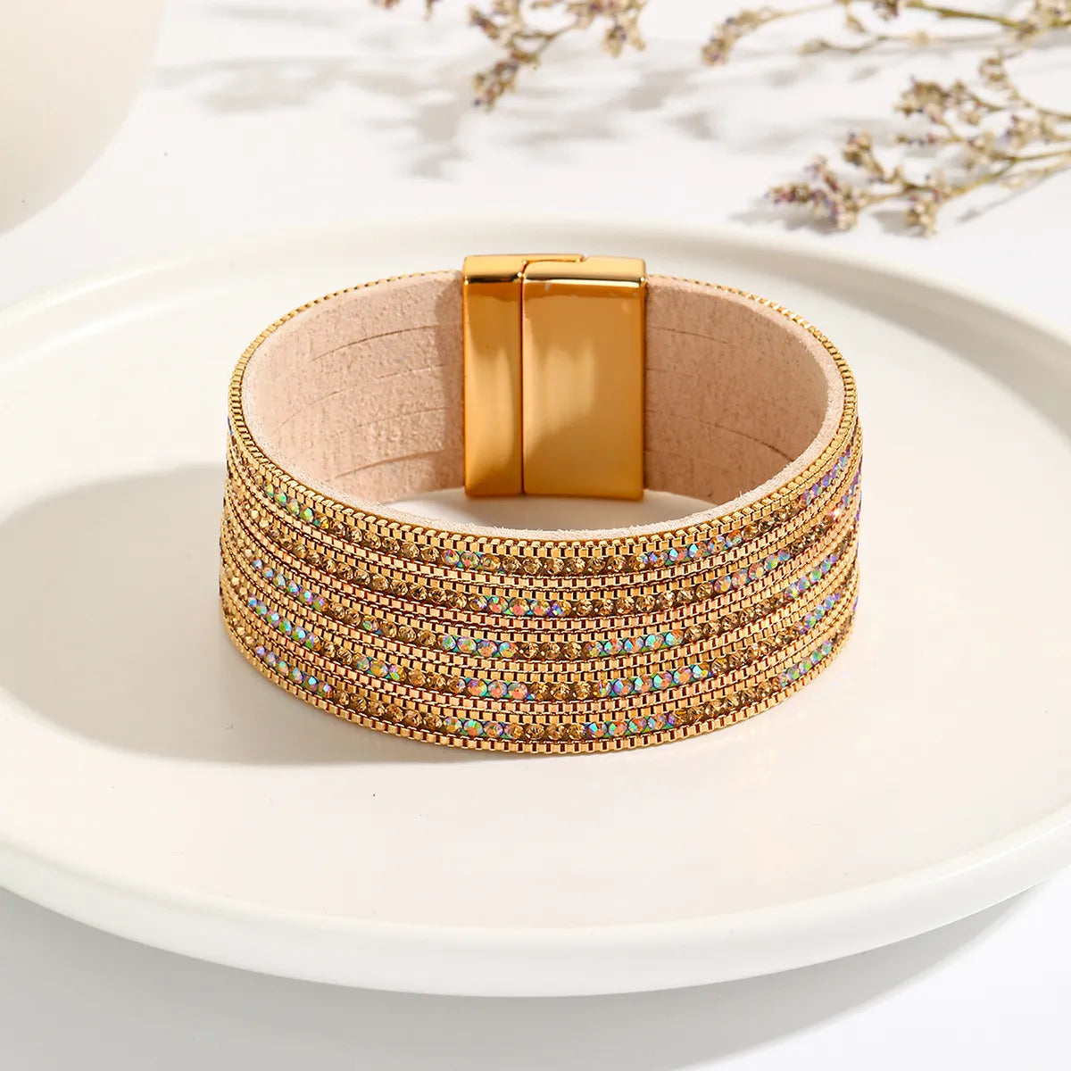 stacking bangles for women-Bohemian Round Pu Leather Alloy Inlay Artificial Crystal Rhinestones Women's Bangle