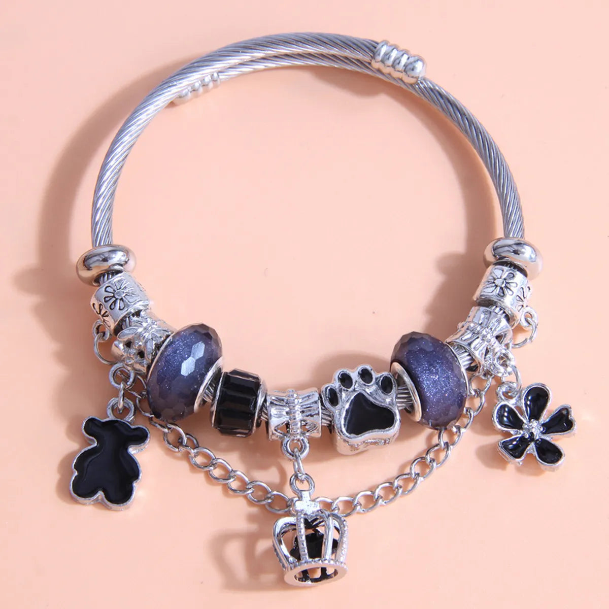 vintage charm bracelets for women-Fashion Metal Simple Bear Crown Flower Pendant Beaded Bracelet