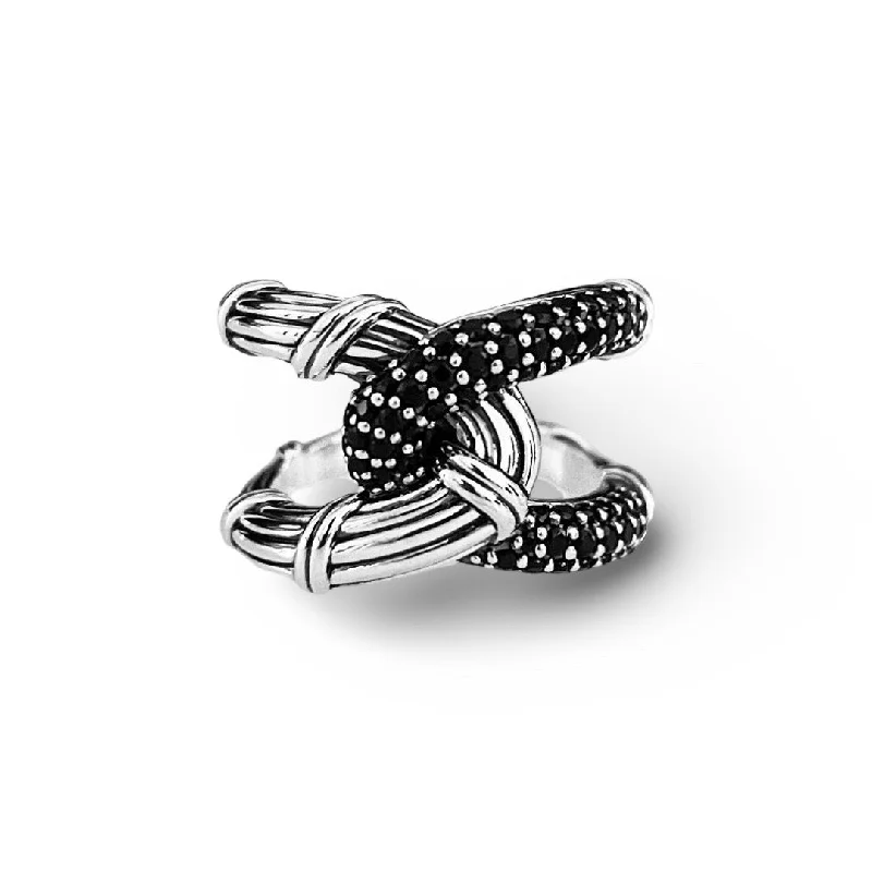 adjustable silver rings for women-Southampton Interlocking Knot Pave Ring in sterling silver with black spinel