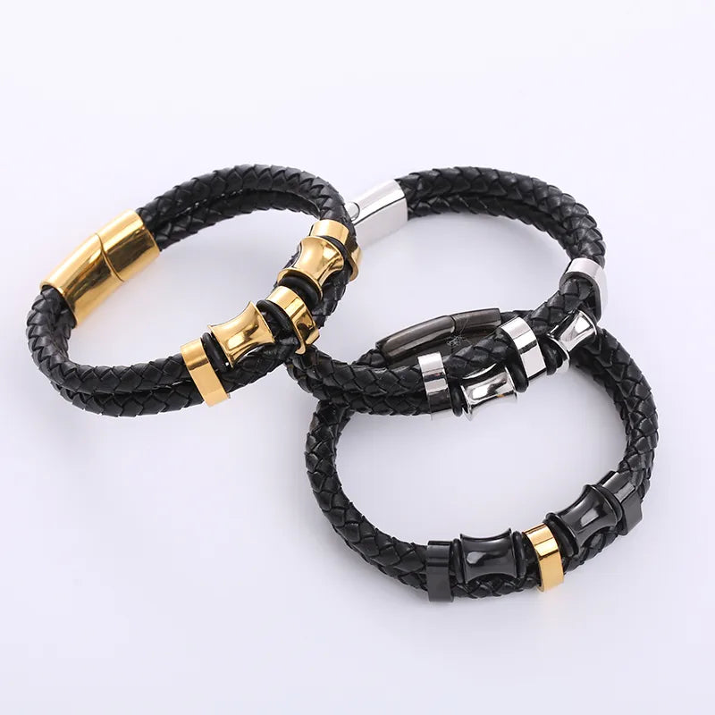 stackable bracelets for women-Hip-Hop Geometric Stainless Steel Pu Leather Braid Men'S Bracelets