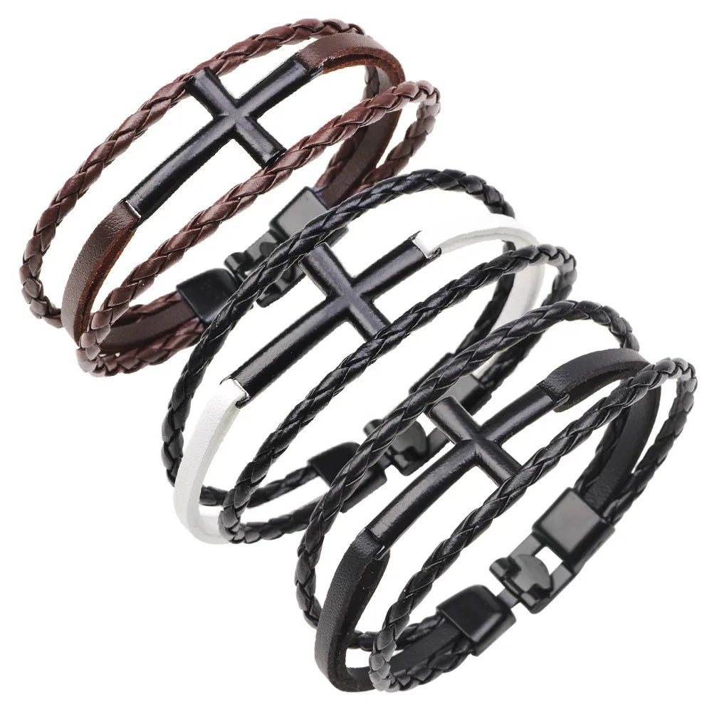 pearl bracelets for women-New Metal Cross Braided Leather Rope Three-Color Bracelet