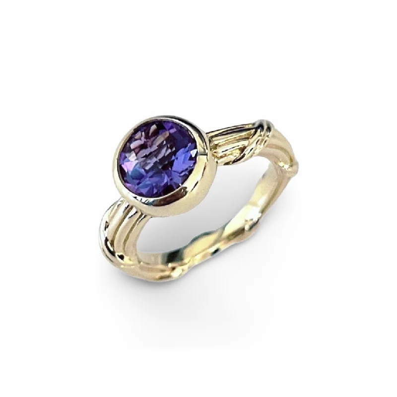 diamond halo rings for women-Fantasies Amethyst Bezel Set Solitaire Ring in 18K yellow gold