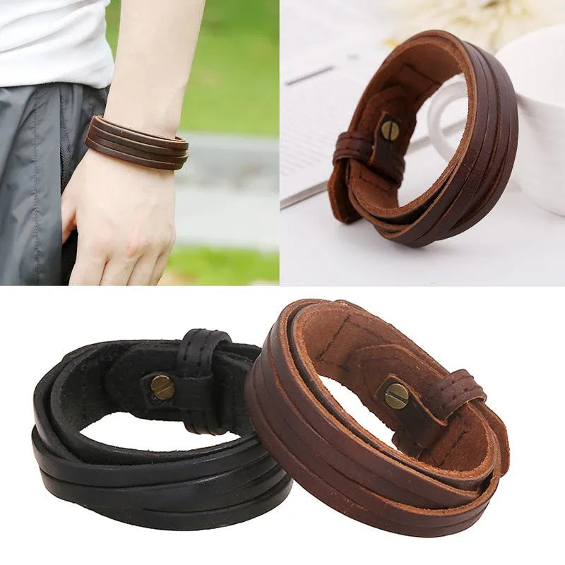 thin bracelets for women-Unisex Geometric Leather  Vintage Wide Leather Cowhide Bracelets &Amp; Bangles Nhpk120779