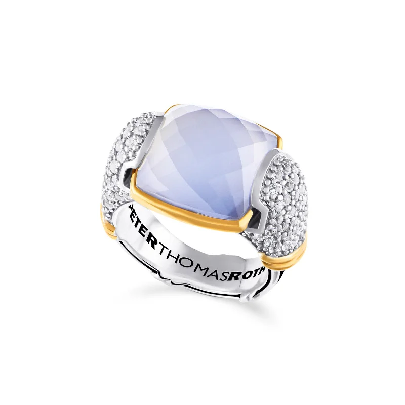 bold rings for women-Fantasies Blue Chalcedony Pave Statement Ring in two tone sterling silver with white topaz