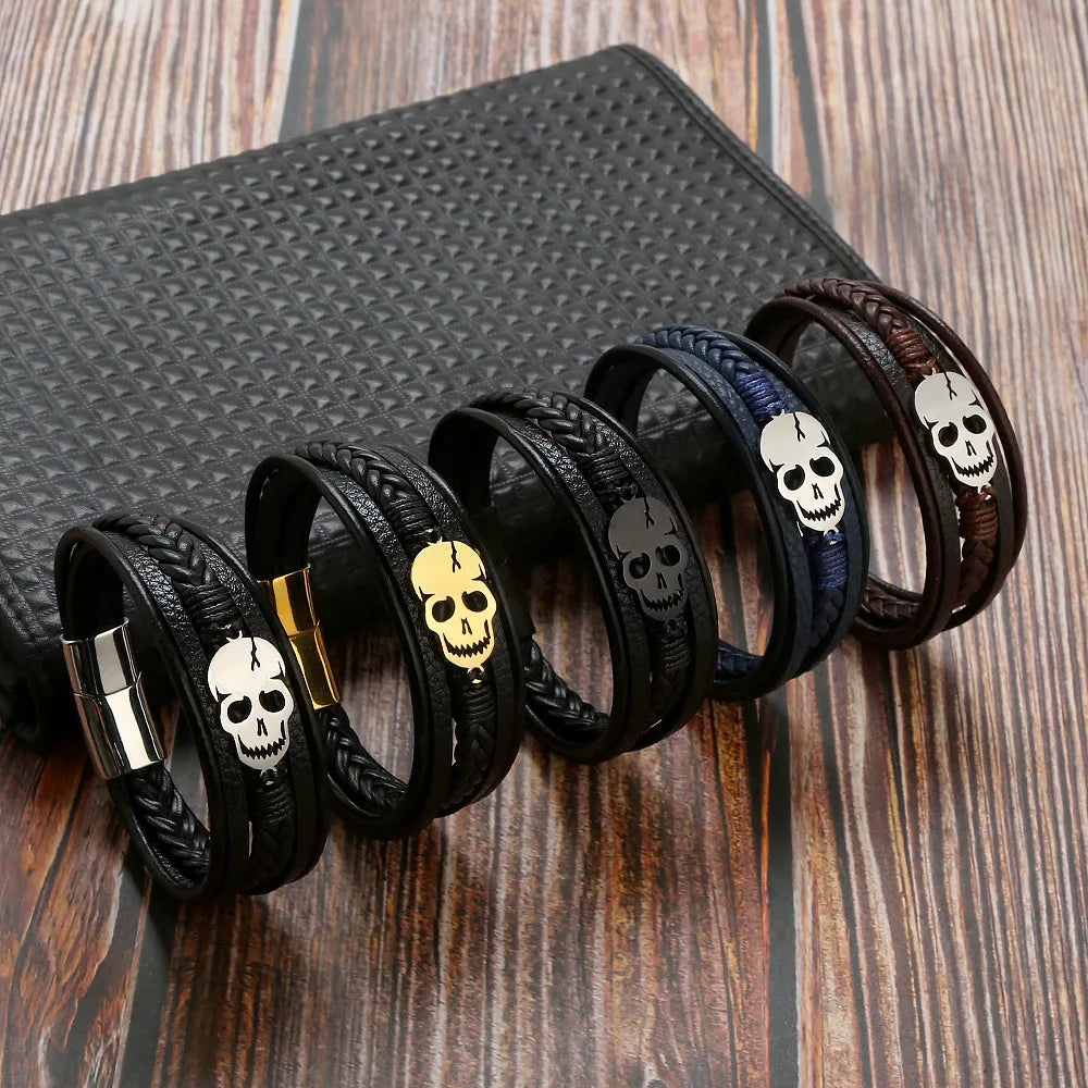 simple cuff bracelets for women-Punk Skull Stainless Steel Titanium Steel Braid Men'S Bracelets