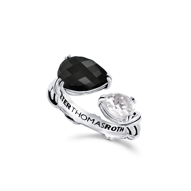 rose gold rings for women-Fantasies Pear Bypass Ring in sterling silver with black onyx and rock crystal