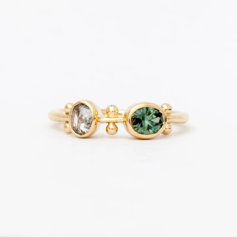 classic rings for women-Teal Sapphire & Grey Diamond Florescence Ring