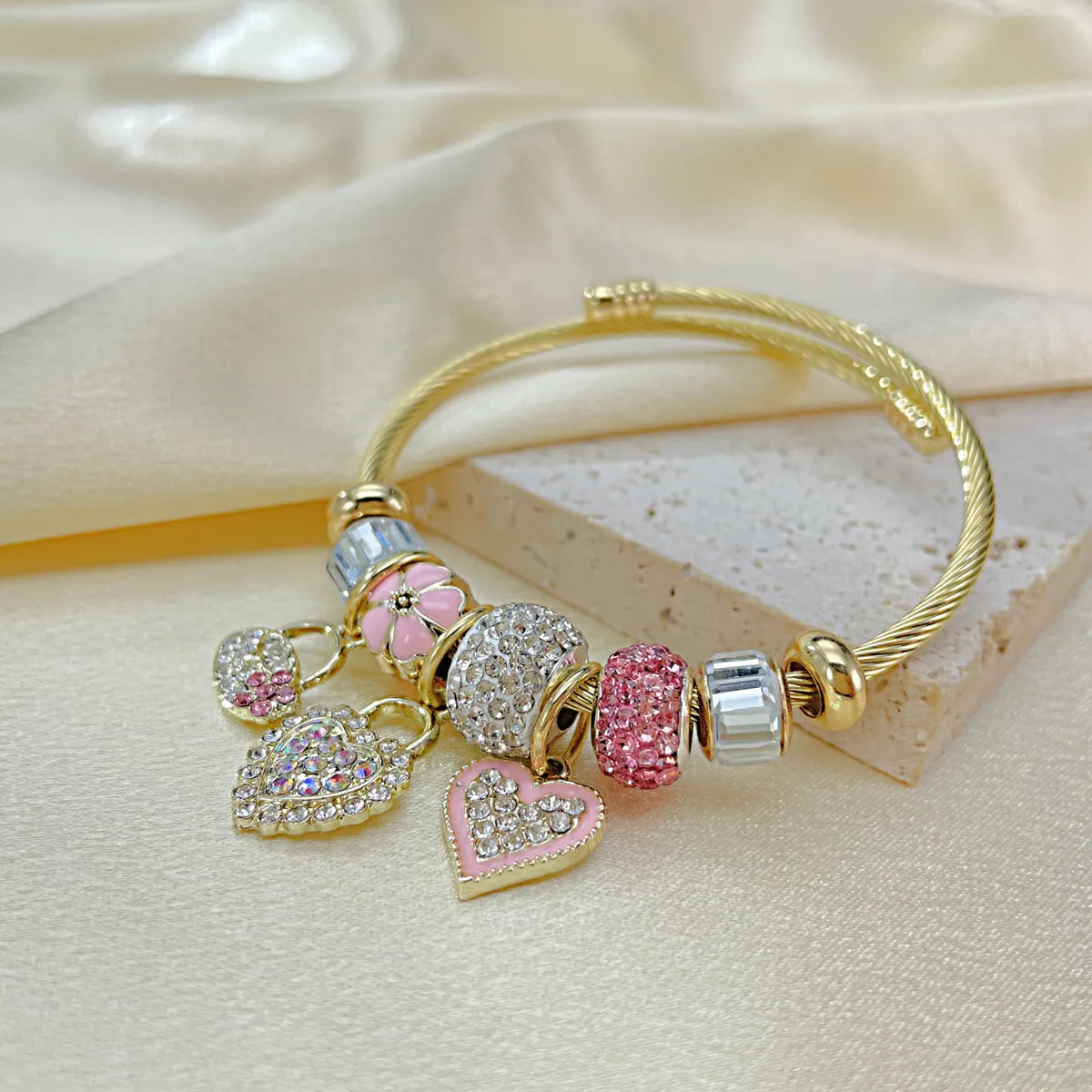 handmade bracelets for women-Novelty Heart Shape Alloy Titanium Steel Inlay Zircon Bangle