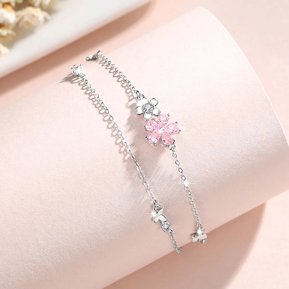 chunky bracelets for women-Casual Simple Style Flower Sterling Silver Zircon Bracelets In Bulk