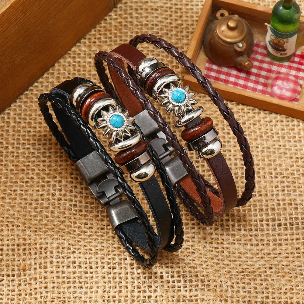 gold charm bracelets for women-Retro Star Pu Leather Natural Stone Unisex Bracelets