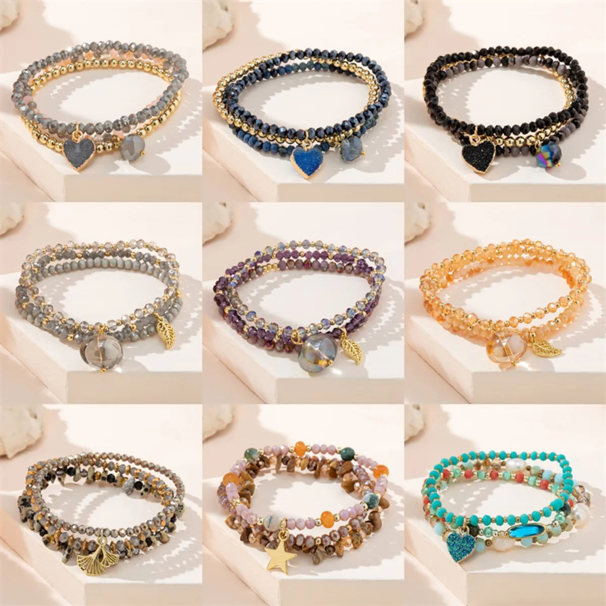 thick bracelets for women-Casual Simple Style Star Leaves Heart Shape Artificial Crystal Beaded Layered Women'S Bracelets