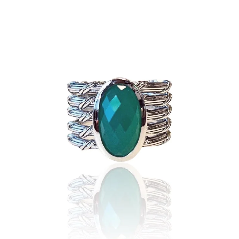 stackable rings for women-Fantasies 5 Row Cocktail Ring in sterling silver with green chalcedony