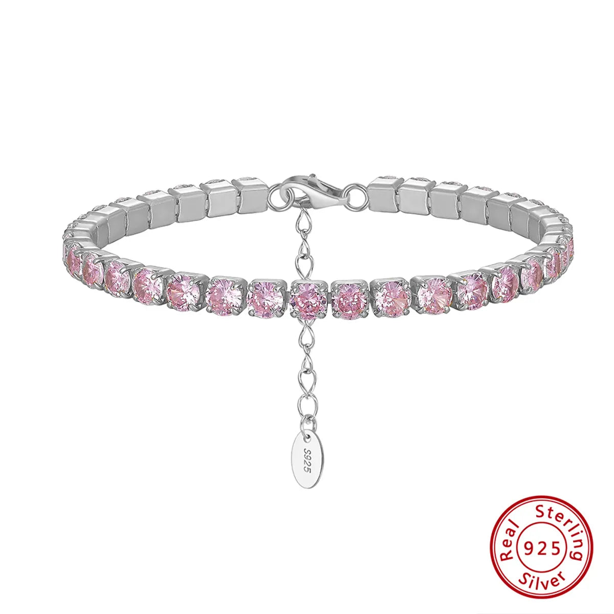 Electroplated Platinum, 4mm Pink Zirconium, Length: 16.5 5cm, Approximate Weight: 8.00G"