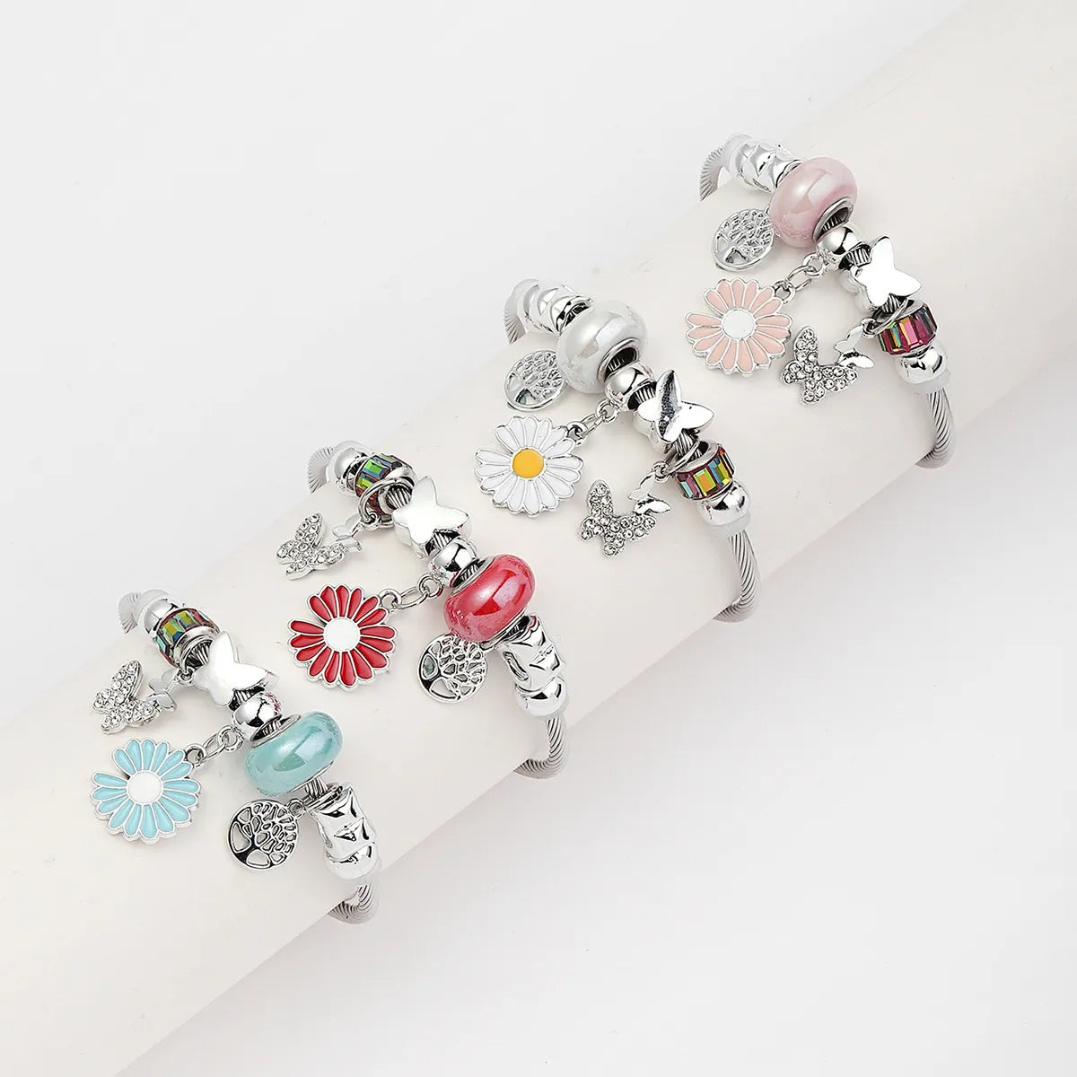 double bracelet sets for women-Pastoral Life Tree Butterfly Daisy 304 Stainless Steel Alloy Plastic Wholesale Bangle