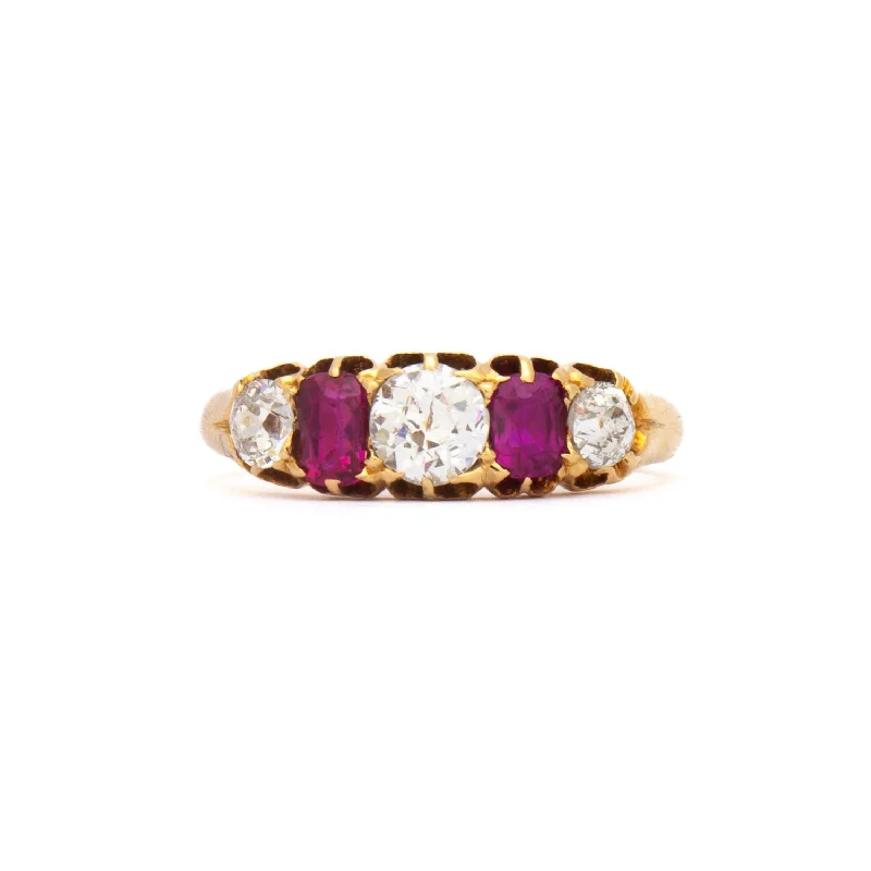 geometric rings for women-Old Mine Diamond & Ruby Half Hoop Ring