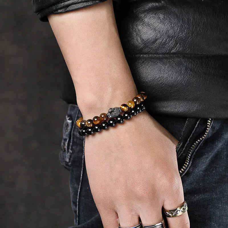 silver bangle sets for women-Hip-Hop Retro Round Tiger Eye Titanium Steel Beaded Men'S Bracelets