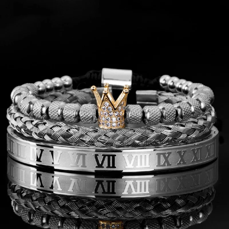 3-Piece Gold Crown Roman Numeral Bracelet