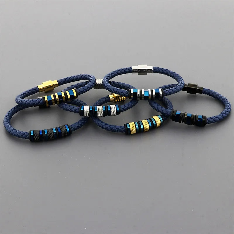 wedding bracelets for women-Hip-Hop Punk Geometric Pu Leather Titanium Steel Knitting Plating Men'S Wristband