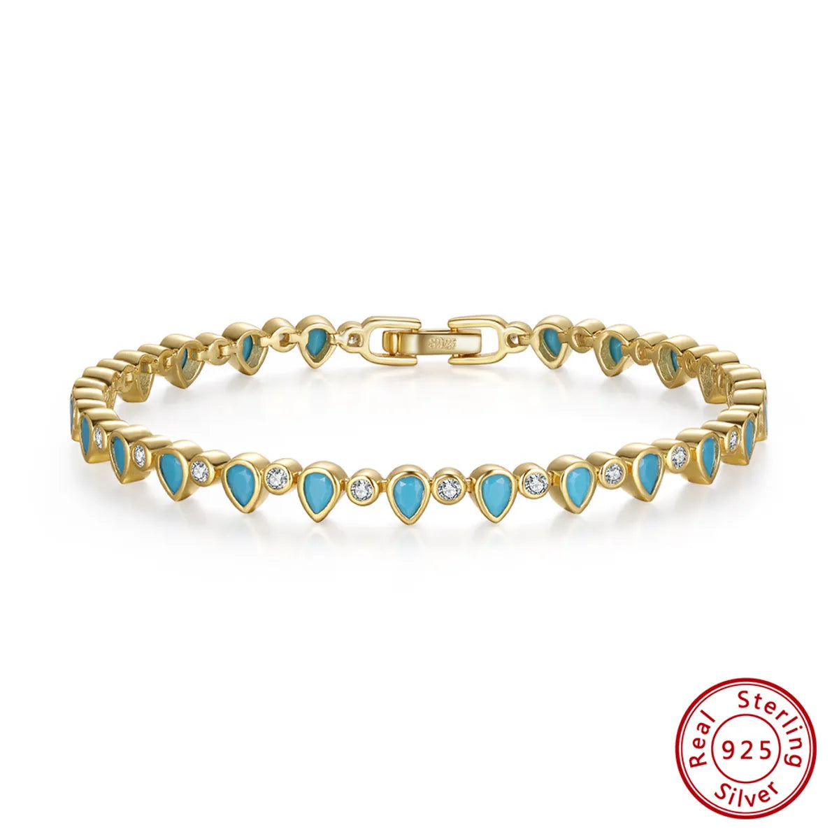 stacking bracelets for women-Simple Style Round Water Droplets Sterling Silver Plating Inlay Turquoise Zircon 14k Gold Plated White Gold Plated Tennis Bracelet