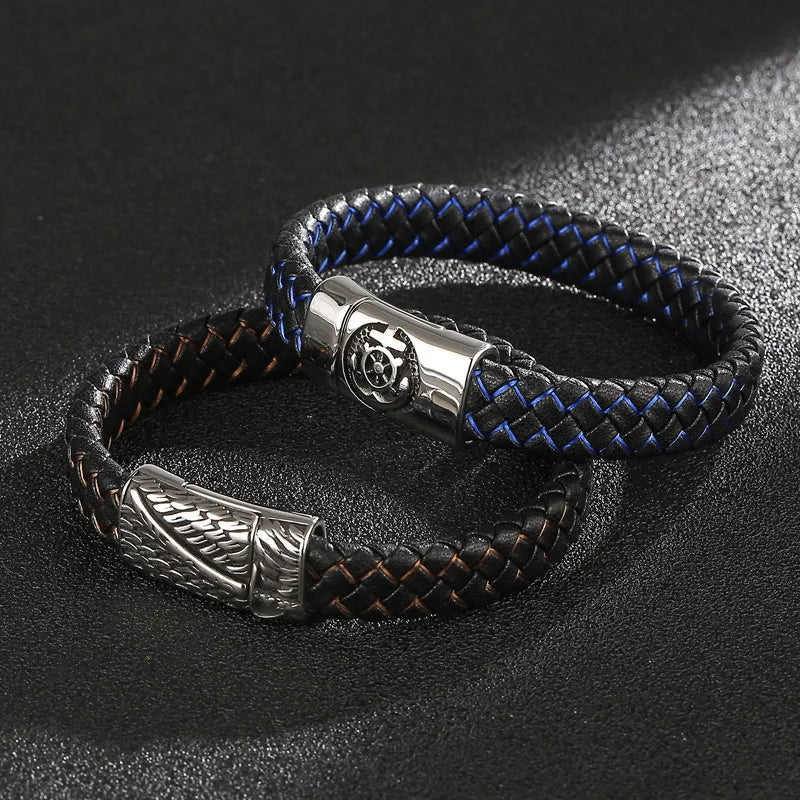 hand-crafted bracelets for women-Hip-Hop Retro Color Block Pu Leather Titanium Steel Braid Men'S Bangle